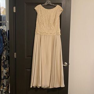 Jade by Jasmine champagne lace and chiffon formal gown.